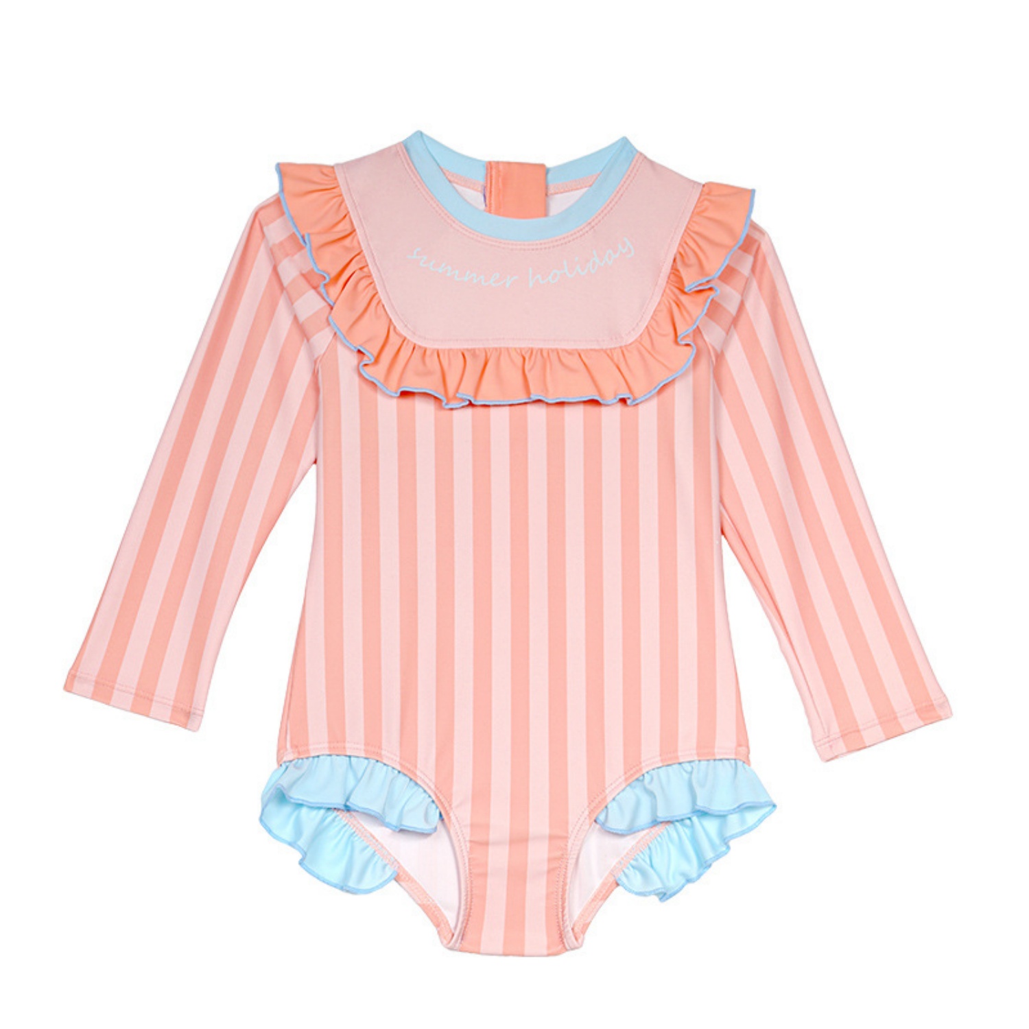 Rash Guard Long Sleeve - Rosa gestreifter Mädchen-Badeanzug mit langen Ärmeln,