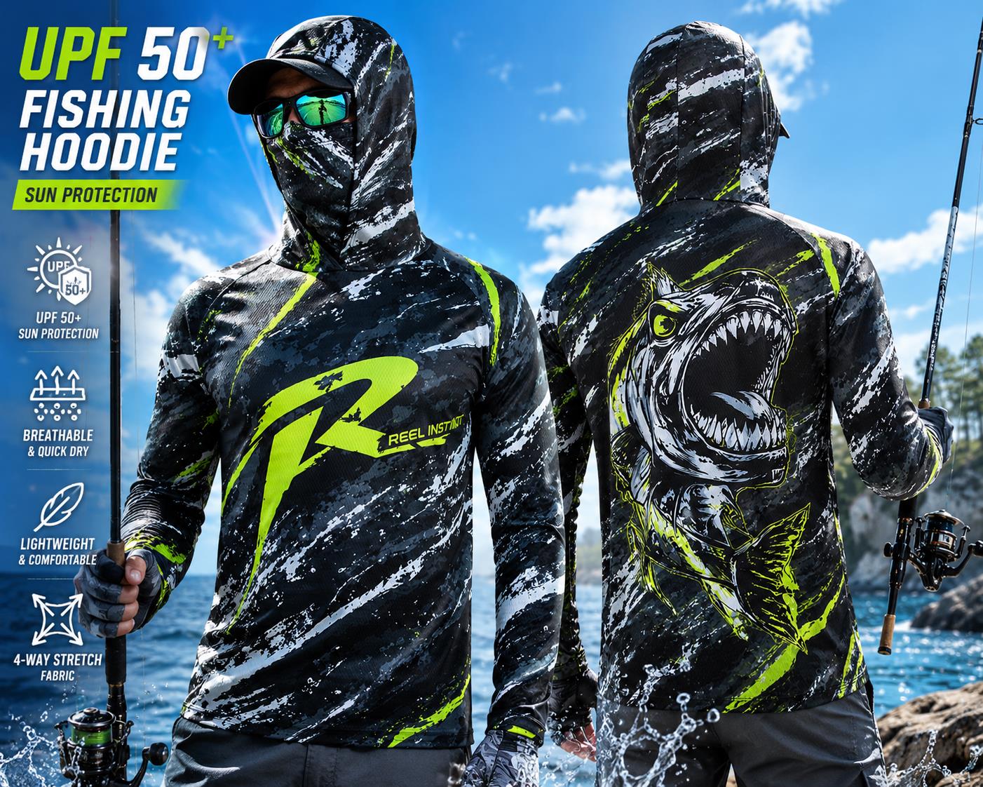 Rash Guard Long Sleeve - Outdoor-Sonnenschutz-Langarm-Angeloberteil mit Nackenmaske, bedruckt, Unisex, mit