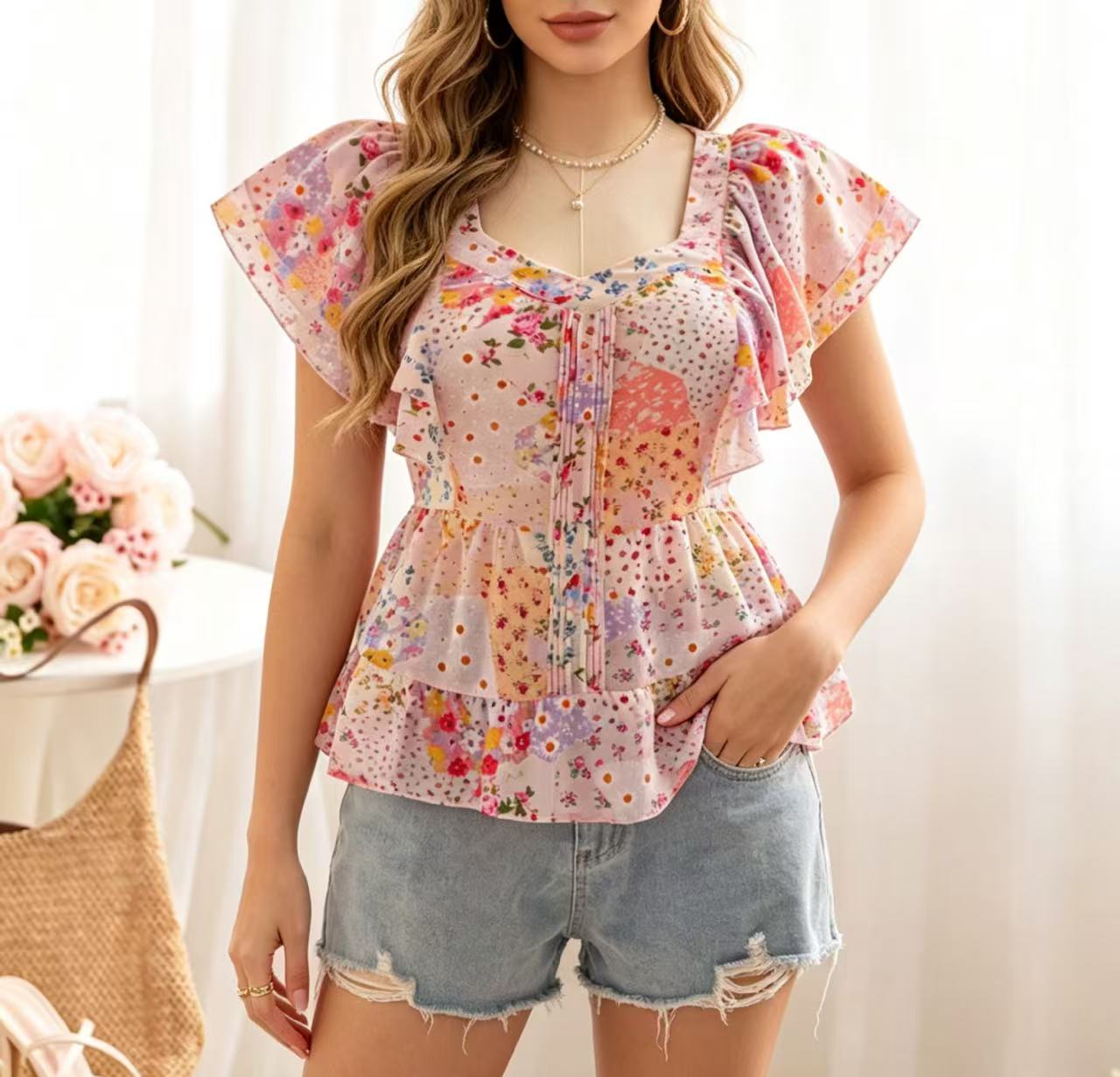Summer Clothing Girl - Übergröße Damen Nischen-Design Kleines Blumenmuster Rüschen-Spitzenbesatz