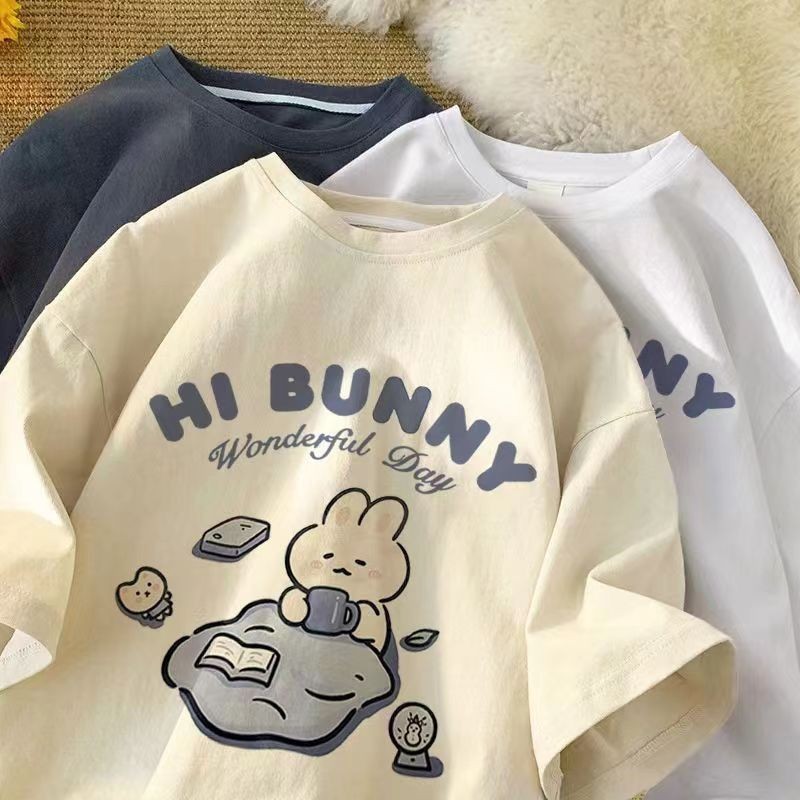 Summer Japanese Clothing - Sommer japanisches süßes Tee-Trink-Kaninchen-bedrucktes Kurzarm-T-Shirt für