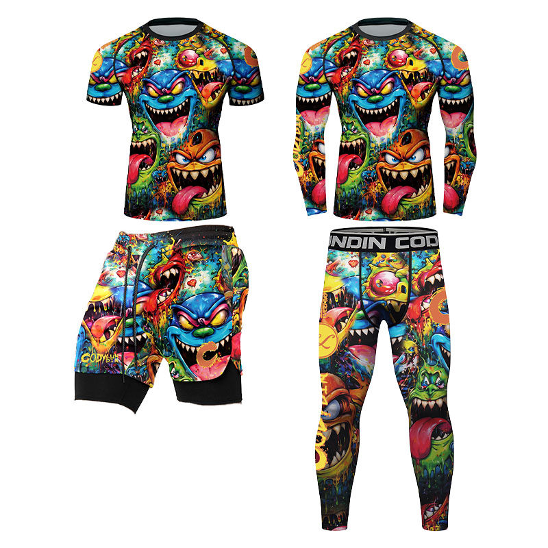 Rash Guard Long Sleeve - 3D Bunter Monster-Graffiti Herren-Kompressions-Rashguard mit Lang-