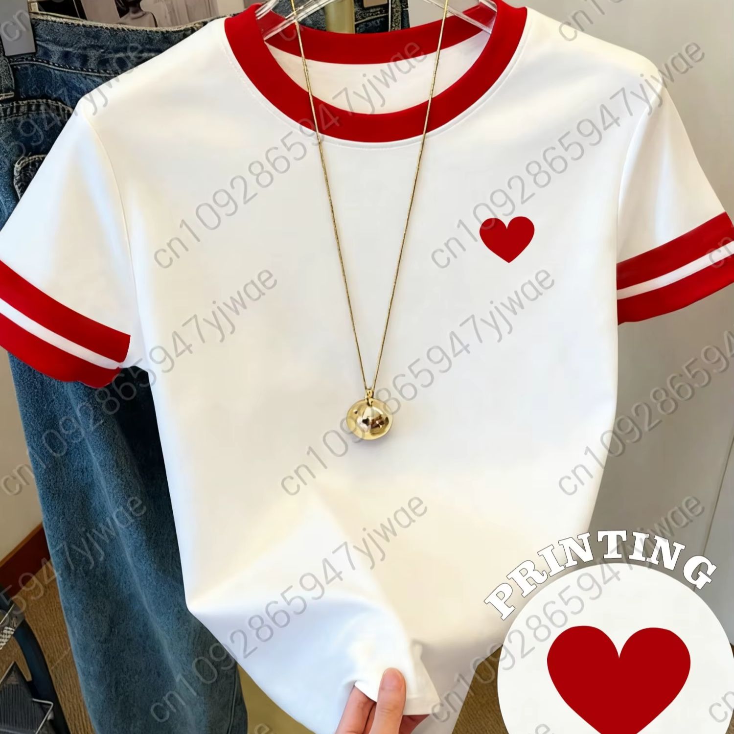 Summer Edition Clothing - Damen Kurzarm-T-Shirt mit rotem Herz-Print zum