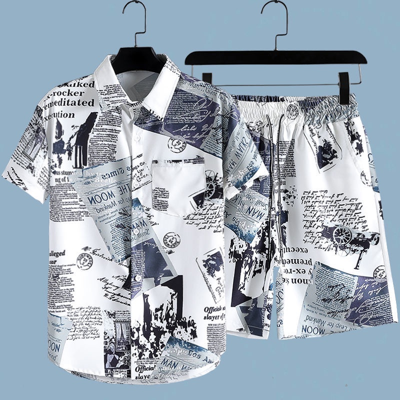 Beach Shirt Hawaiian - Herren-Zweiteiler mit Zeitungsmuster: Kurzarm-Hemd mit Knopfkragen