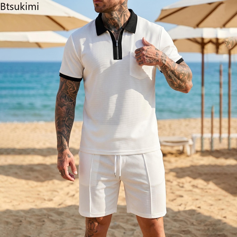 Summer Vacation Clothing Men - Herren Waffelkragen-Polo Kurzarm-Shorts-Set Strandurlaub Freizeit-Set Sommer