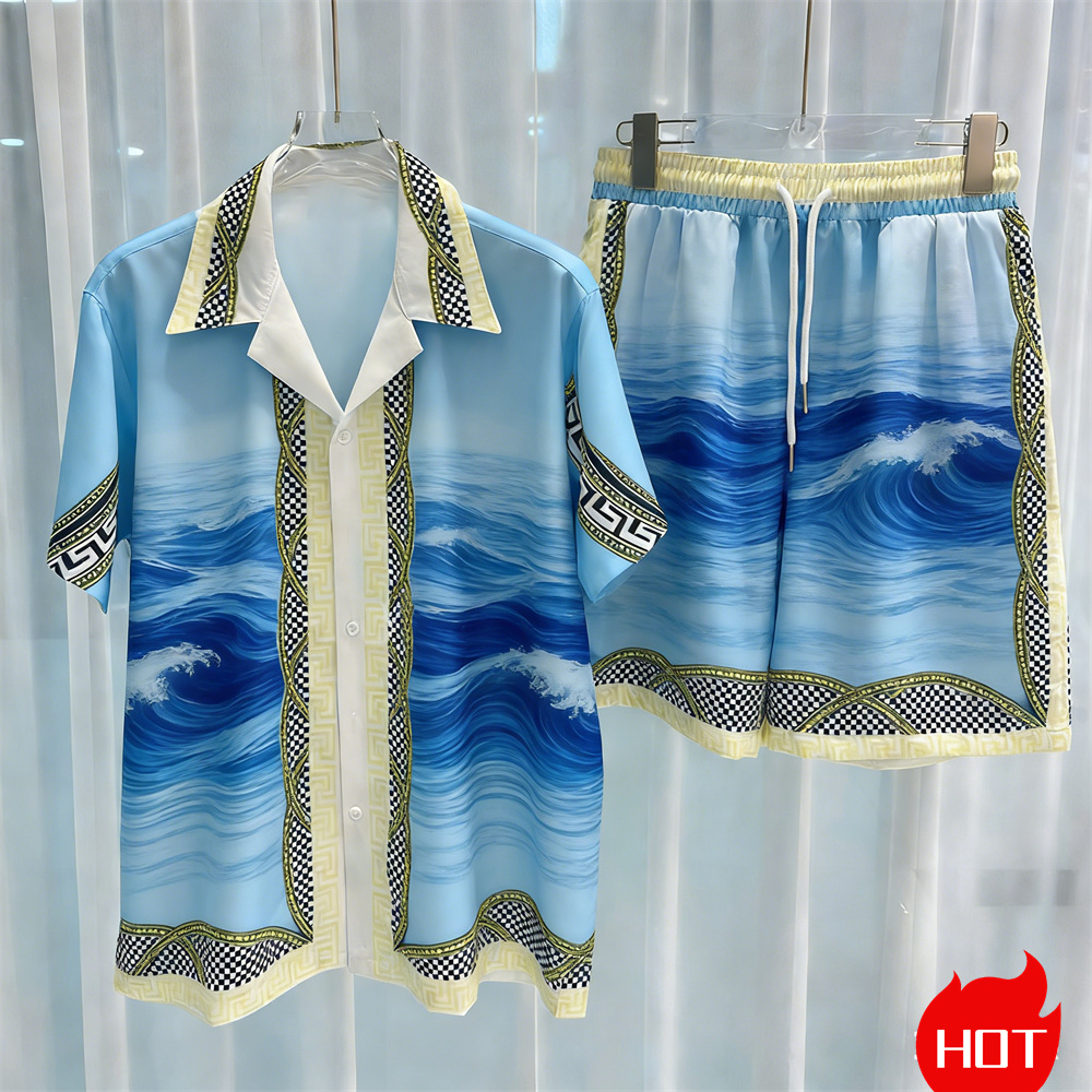 Beach Shirt Hawaiian - Sommer-Herrenhemd-Sets mit Pflanzenmuster, Polyester, zweiteiliges Hemd-Set,