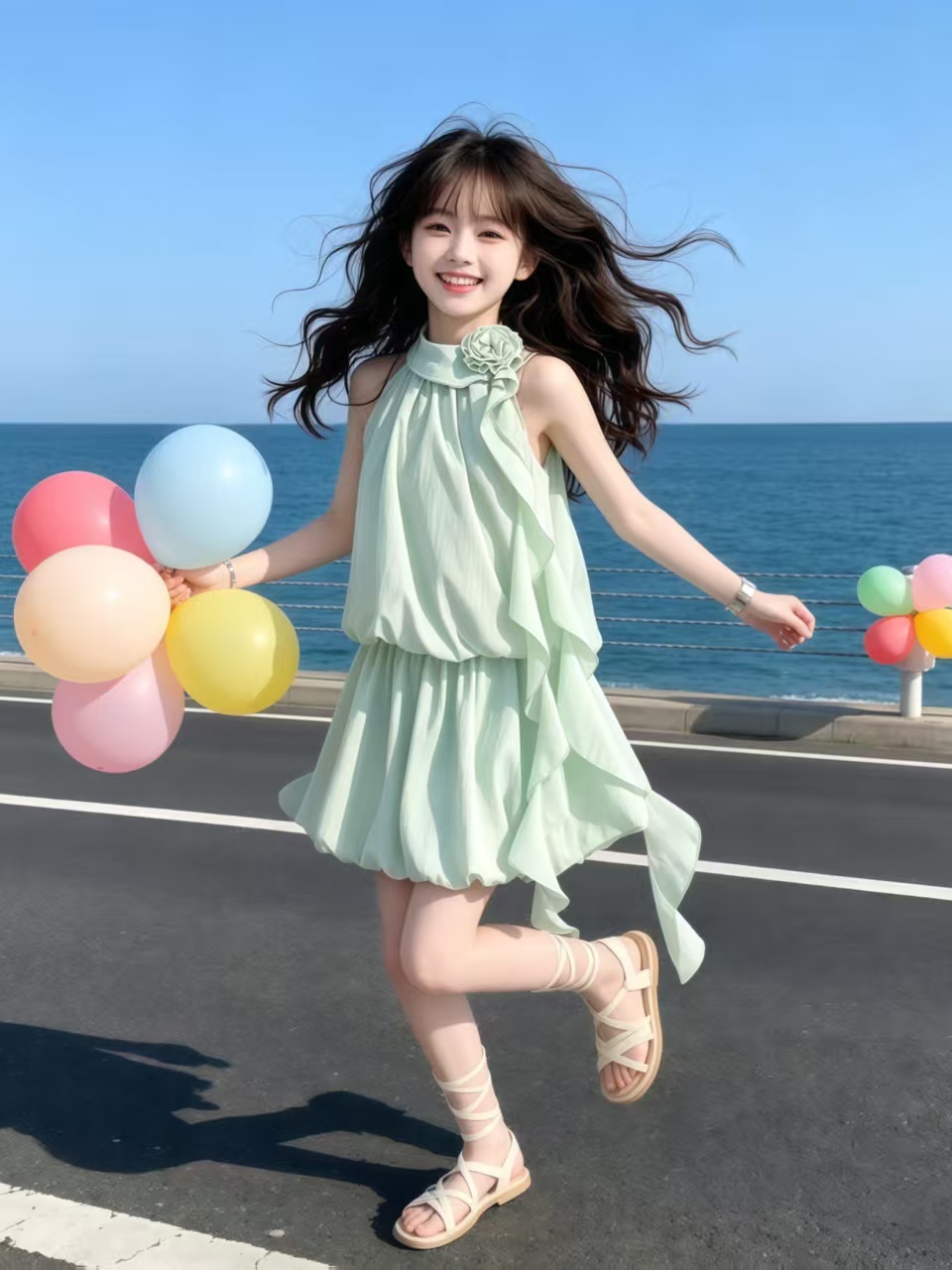 Summer Clothing Girl - Mintgrünes, geblümtes Set aus Bluse mit