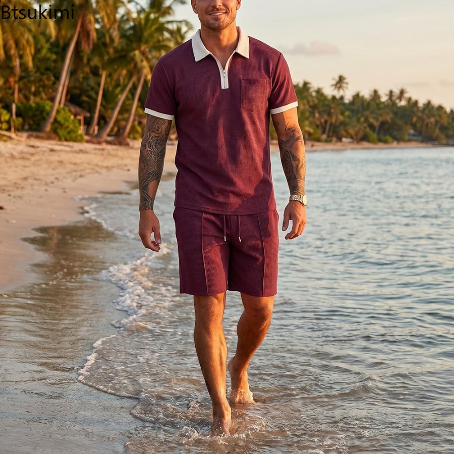Herren Waffelkragen-Polo Kurza – Summer Vacation Clothing Men Bewertung und Preis